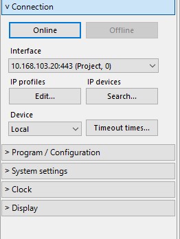 EasySoft Connection stillingar — Interface, IP profiles, Online/Offline